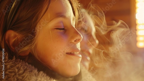 A mother and child enjoying a sauna session together the childs nasal passages being cleared by the saunas humid and theutic atmosphere.. photo