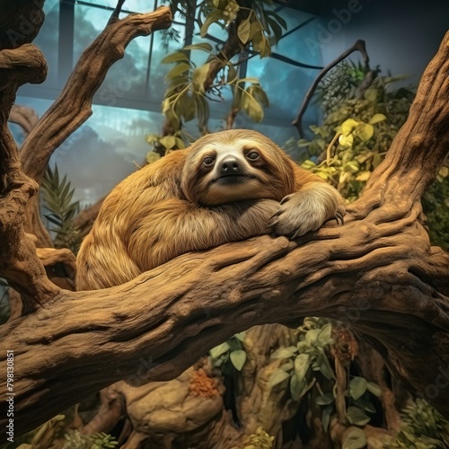 b'A sloth is resting on a tree branch in a rainforest'