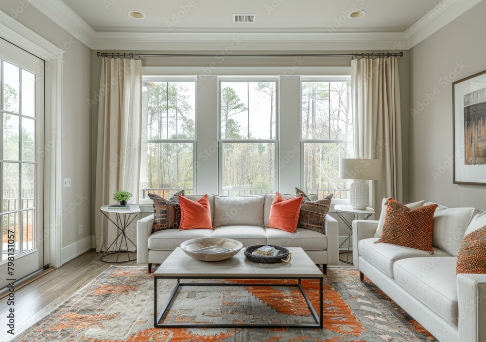 Fototapeta premium b'Bright living room with large windows and colorful rug'