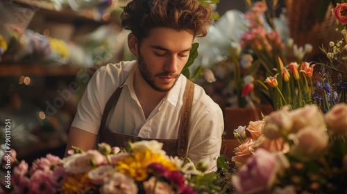 Man choosing plants in floristry shop for event flower arranging © gn8