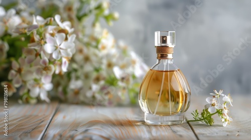 Perfume bottle with white flowers on a rustic wooden background. Product photography with botanical elements.