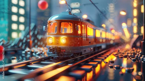 b'A model train running on a track in a city at night' photo