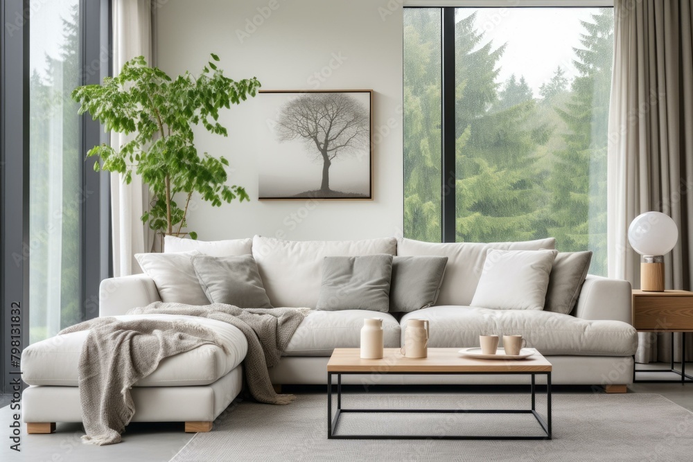 Fototapeta premium b'A modern living room with a large sectional sofa, coffee table, and tree artwork on the wall'