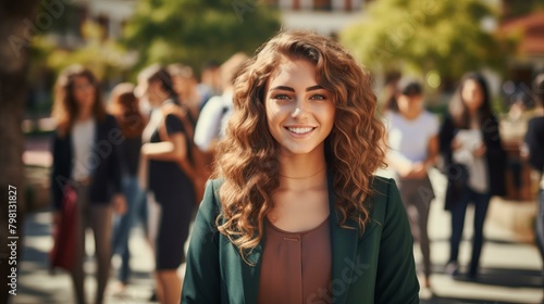 b'A young woman with long brown hair smiling in front of a blurred background of people' © duyina1990