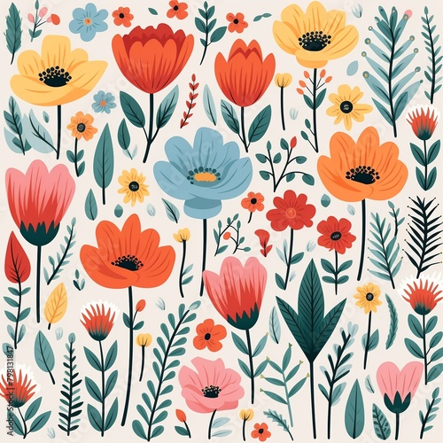 Joyful handdrawn flowers  seamless pattern for birthday backdrop and crafts    flat graphic drawing