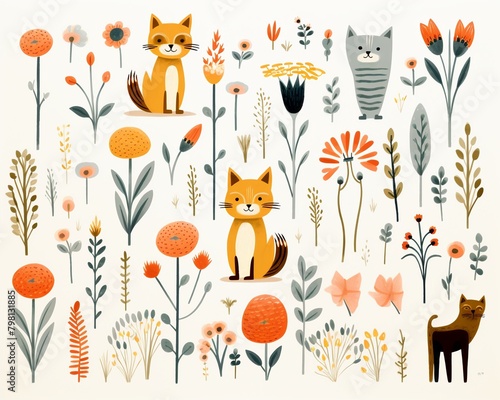 Repeating zoo animal illustrations, childlike simplicity, plants and flowers, white background, flat graphics , childlike drawing