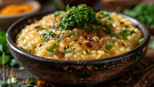 Classic Italian saffron risotto on a rustic kitchen table. Concept Italian Cuisine, Saffron Recipes, Risotto, Rustic Table Setting, Food Photography