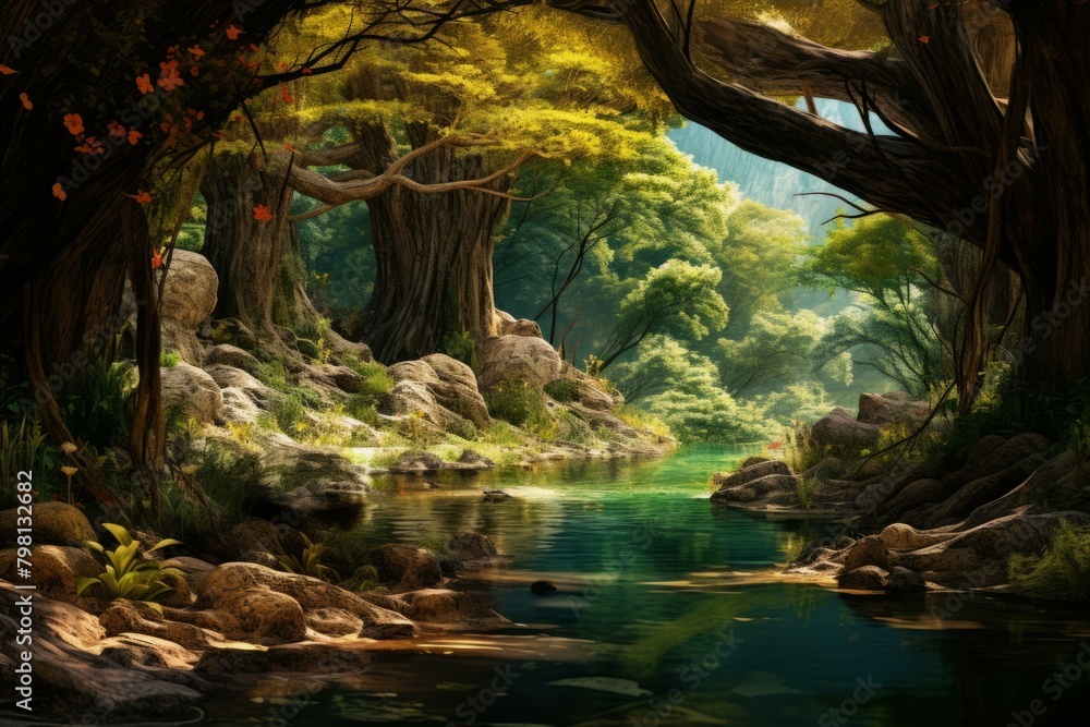 Fototapeta premium b'Fantasy forest landscape with a river flowing through it'