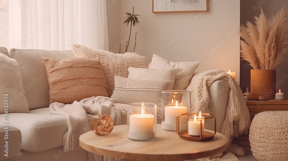 Modern boho interior of living room in cozy apartment. Simple cozy living room interior with light gray sofa, decorative pillows, wooden table with candles and natural decorations.