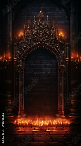 b'ornate gothic archway with candles in a dark room'