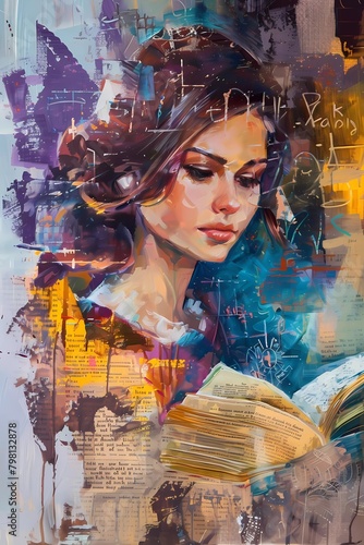 oil painting. Conceptual abstract image of a beautiful girl. In the background is written the text of a book.