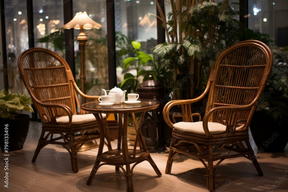b'Two Wicker Chairs and a Table with Tea Set in a Conservatory' b'Two Wicker Chairs and a Table with Tea Set in a Conservatory'
