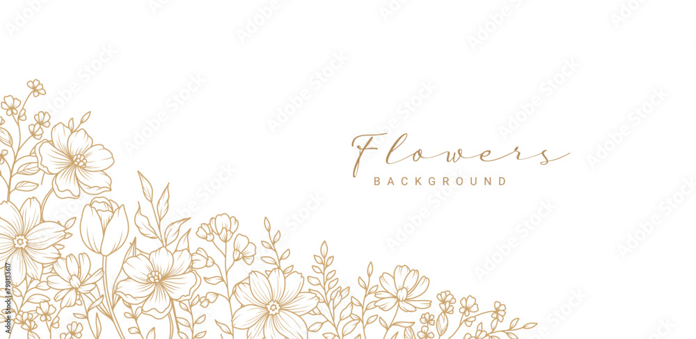 Obraz premium Golden flower frame. Corner. Luxury pattern with a bouquet of flowers, branches, leaves. Vector illustration with drawn elegant vintage botanical decorative elements