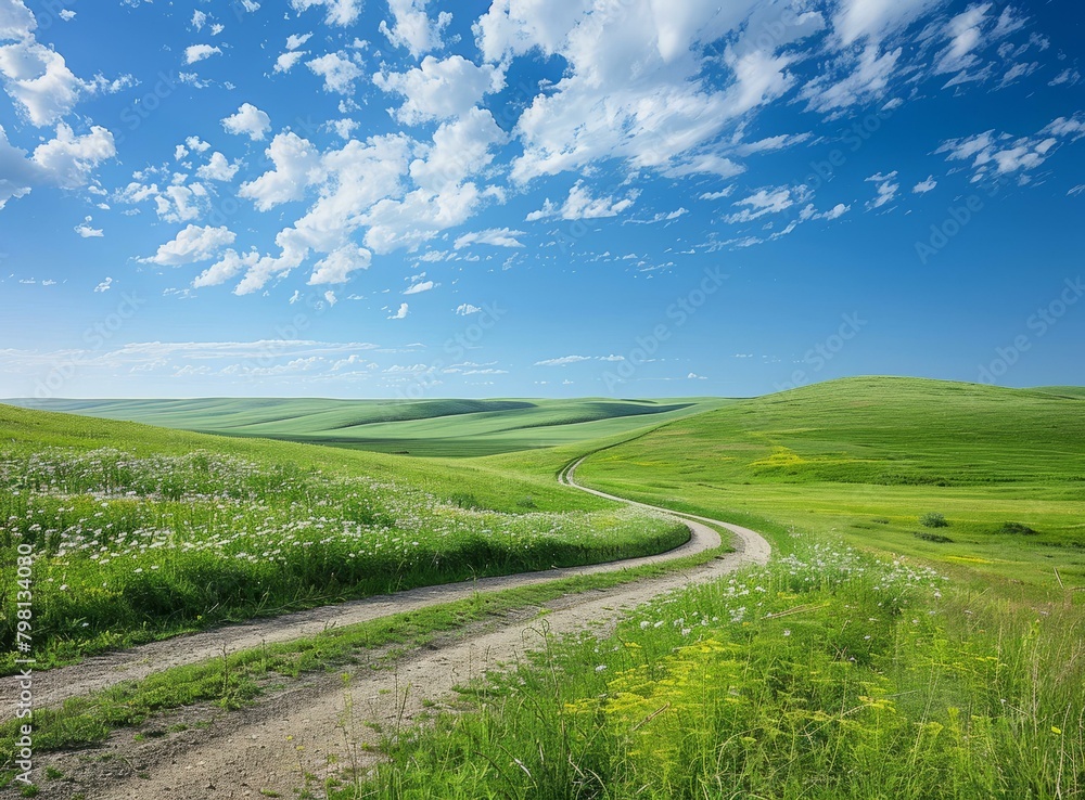 b'Scenic landscape with a winding road through green hills and a blue sky with clouds'