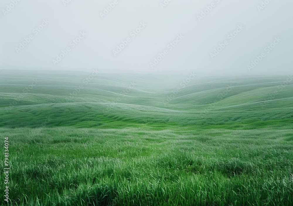 b'Green rolling hills under a foggy sky'