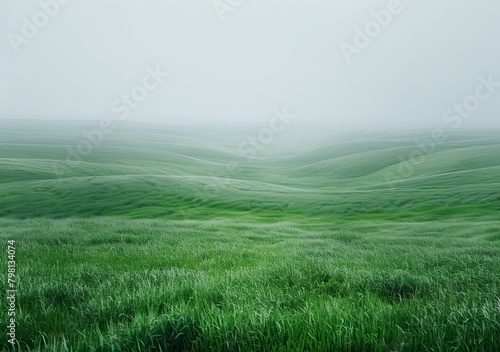 b Green rolling hills under a foggy sky 