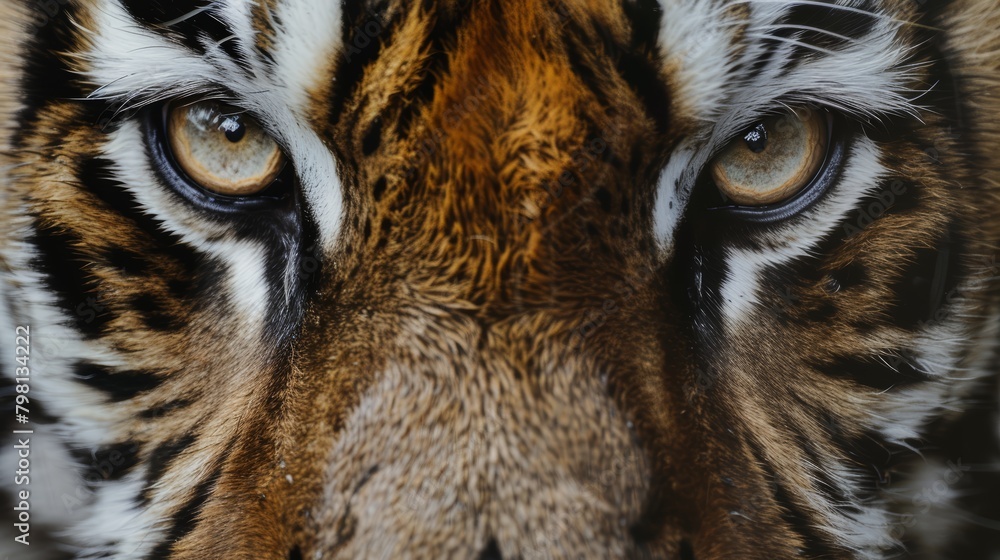 Close-up front view of a tiger face focusing on the eyes. Macro wildlife photography. Animal gaze and predator concept.