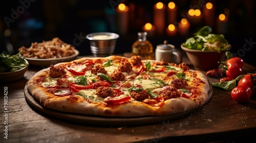 b'Delicious pizza with various toppings on a wooden table'