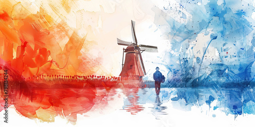The Dutch Flag with a Windmill Operator and a Tulip Farmer - Visualize the Dutch flag with a windmill operator representing Dutch engineering and a tulip farmer symbolizing the country's flower 
