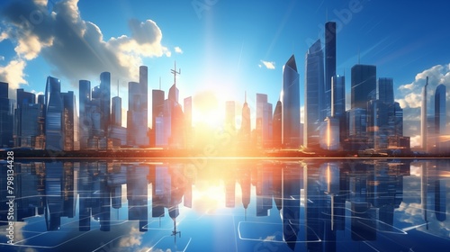 Picture of modern skyscrapers of a smart city  futuristic financial district with buildings and reflections   blue color background for corporate and business template with warm sun rays of light.