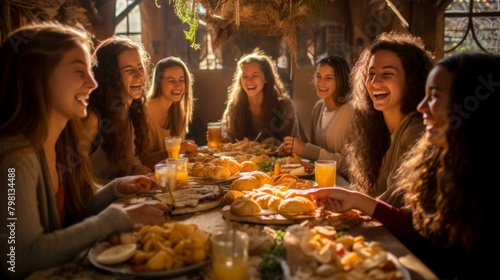 b'A group of friends are laughing and enjoying a meal together' photo