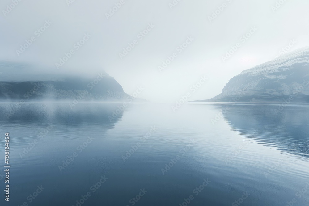 b'Misty fjord landscape with mountains in the distance' b'Misty fjord landscape with mountains in the distance'