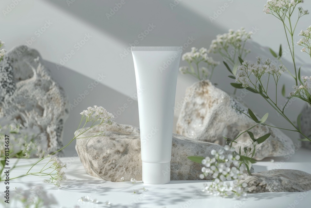 Natural Beauty Cream on Stone with Soft Shadow and Floral Elements Natural Beauty Cream on Stone with Soft Shadow and Floral Elements