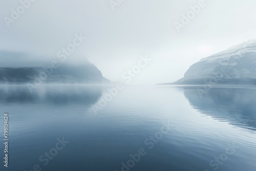 b'Misty fjord landscape with mountains in the distance'