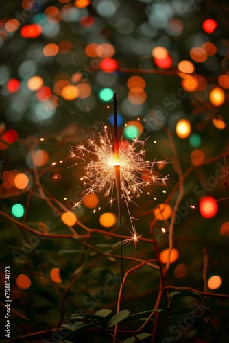 b'A single lit sparkler against a blurry background of out of focus Christmas lights.'