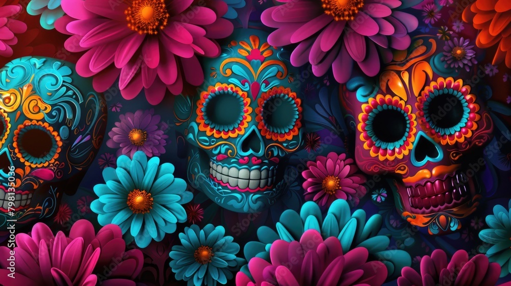 Group of sugar skulls surrounded by flowers. Perfect for Day of the Dead celebrations or Halloween decorations Group of sugar skulls surrounded by flowers. Perfect for Day of the Dead celebrations or Halloween decorations