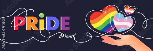 Pride Month banner with a hand holding rainbow, lesbian, transgender flag hearts and continuous line drawing on dark background for LGBTQIA. Vector illustration.