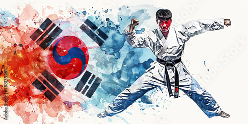 The South Korean Flag with a Taekwondo Master and a Kimchi Maker - Imagine the South Korean flag with a Taekwondo master representing Korean martial arts and a kimchi maker symbolizing Korean cuisine photo