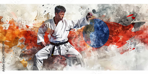 The South Korean Flag with a Taekwondo Master and a Kimchi Maker - Imagine the South Korean flag with a Taekwondo master representing Korean martial arts and a kimchi maker symbolizing Korean cuisine