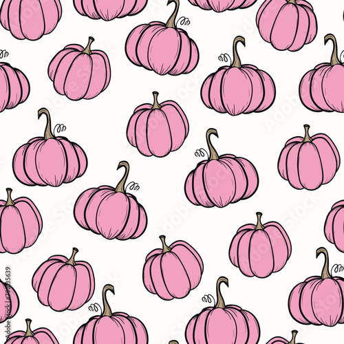 Seamless pattern with pumpkins on color background. Vector hand drawn sketched pumpkin. Autumn illustration for holidays, Halloween. Various food items in doodle style