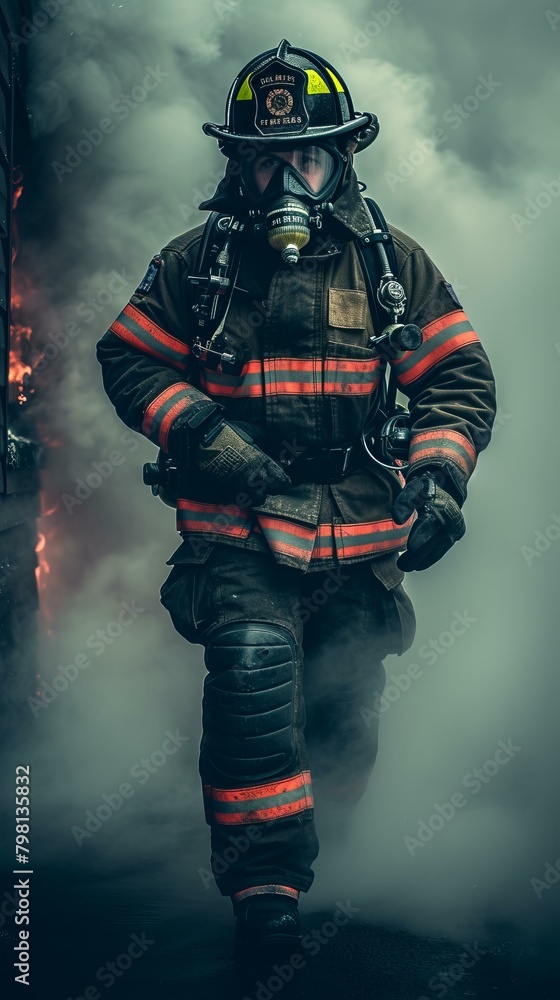 Naklejka premium b'Firefighter in protective gear walking through a burning building'