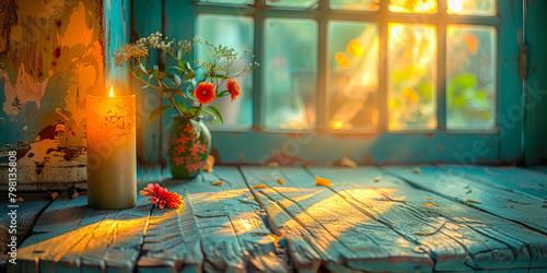 Warm glow on rustic windowsill photo