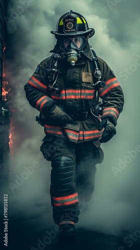 b'Firefighter in protective gear walking through a burning building'