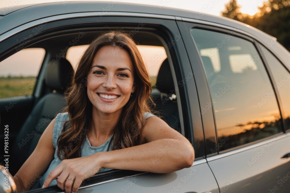 Portrait of smiling Woman sitting in car at sunset Portrait of smiling Woman sitting in car at sunset