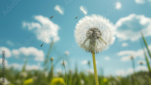 White  fluffy dandelion slightly bent from the wind against the backdrop of a green meadow with flowers and a blue sky.