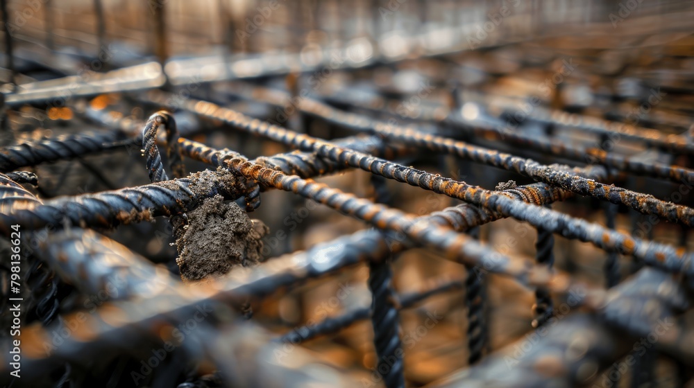 Close-up of corroded steel reinforcement bars with concrete debris.