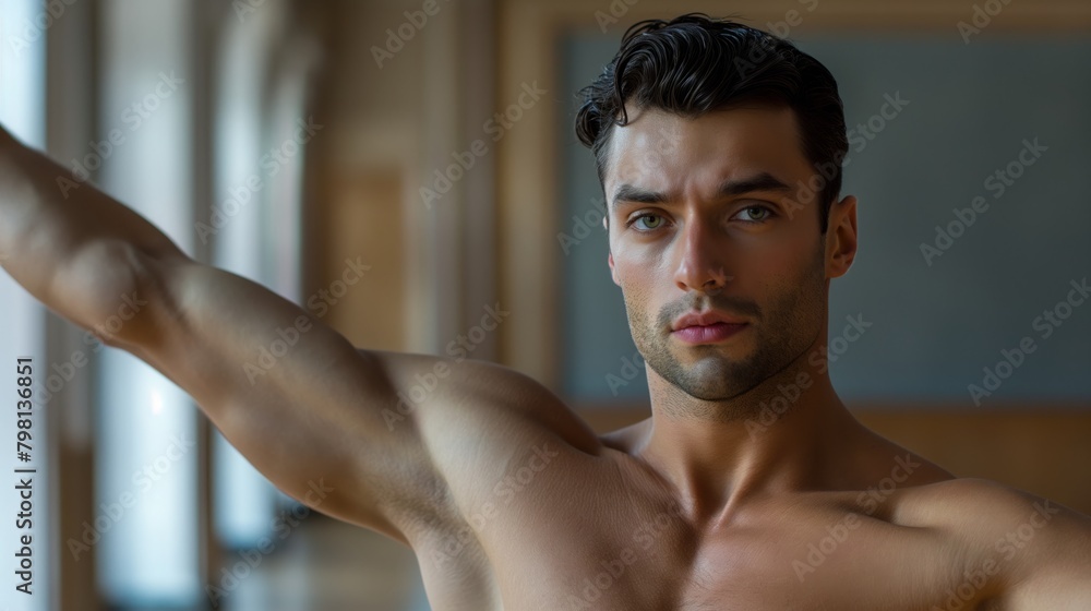 Shirtless man by window, arm outstretched showing muscle Shirtless man by window, arm outstretched showing muscle