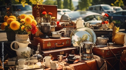 Second hand old household objects for sale at flea market, garage sale, thrift store, charity shop. Zero waste, sustainable lifestyle. photo