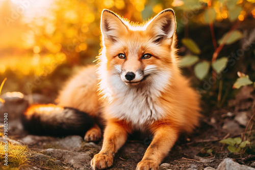 Majestic red fox bathed in golden sunset light in a natural forest