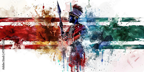 The South African Flag with a Zulu Warrior and a Winemaker - Imagine the South African flag with a Zulu warrior representing the country's rich Zulu heritage and a winemaker symbolizing South Africa's photo