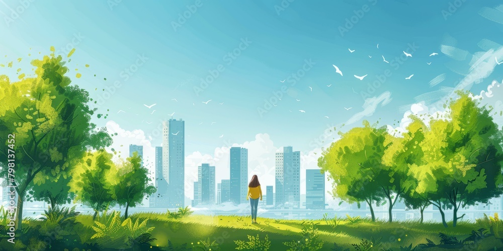 b'girl standing in a field looking at the city'