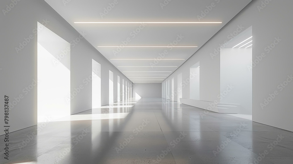 b'Bright white empty room with concrete floor and large windows'