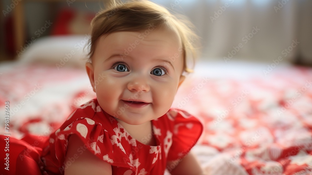 b'An adorable baby girl with blue eyes is lying on a red and white blanket and looking at the camera with a big smile on her face' b'An adorable baby girl with blue eyes is lying on a red and white blanket and looking at the camera with a big smile on her face'