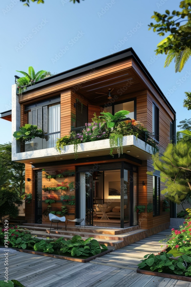 Fototapeta premium b'Modern two-story house with a beautiful exterior design'