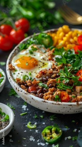 b'A delicious and nutritious breakfast bowl with eggs, beans, corn, and tomatoes' photo