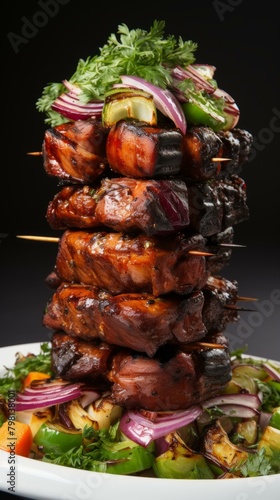 b'A tower of barbecued pork skewers'
